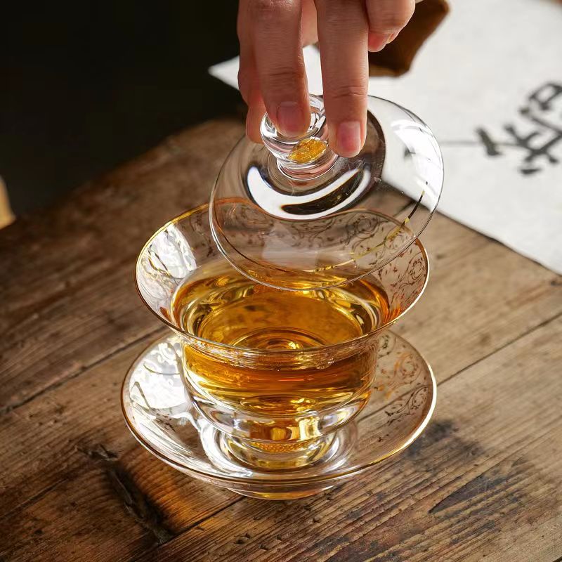 【汀和大福】藏金水晶玻璃三才蓋碗