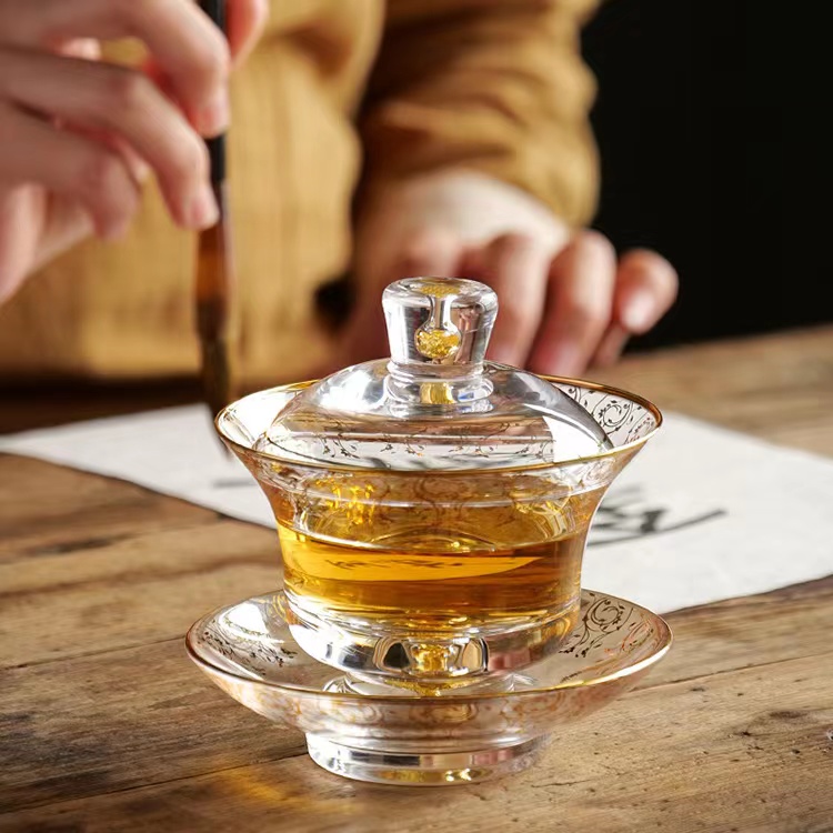 【汀和大福】藏金水晶玻璃三才蓋碗