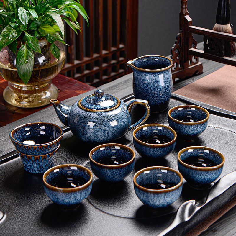 【汀和大福】窯變古龍拉絲天目釉建盞1壺1茶海6茶杯茶具套裝